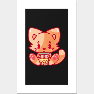 cat bubble tea kawaii cute adorable chibi hand painted Posters and Art